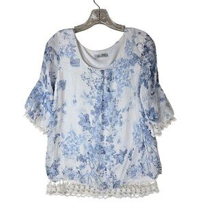 Elena Baldi Delicate White & Blue Floral Silk Blouse Lace Trim S Made In Italy